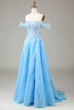 Fora do Ombro Azul Uma Linha Princesa Corset Prom Dress com Fenda