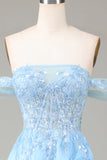 Fora do Ombro Azul Uma Linha Princesa Corset Prom Dress com Fenda