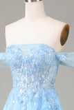 Fora do Ombro Azul Uma Linha Princesa Corset Prom Dress com Fenda