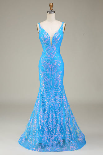 Azul brilhante profundo V-neck Sereia Prom Dress