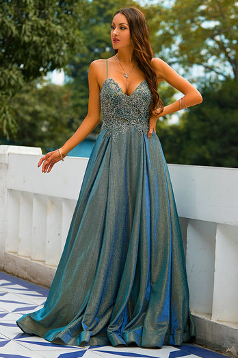 Tiras de espaguete cinza escuro Glitter longo vestido de baile