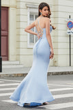 Elegante Sereia Esparguete Alças Azul Claro Corset Prom Dress com Split Front