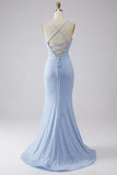 Vestido de baile de formatura de sereia azul claro brilhante com fenda