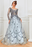 Vestido de noite de mangas compridas azuis e azuis claras