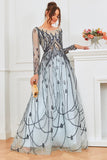 Vestido de noite de mangas compridas azuis e azuis claras