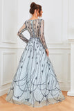Vestido de noite de mangas compridas azuis e azuis claras