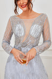 Vestido de baile de contas azul claro com mangas