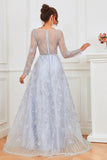 Vestido de baile de contas azul claro com mangas