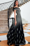 Vestido de noite de lantejoulas pretas brilhantes