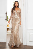Vestido de mãe dourada sereia com mangas compridas
