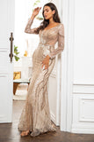 Vestido de mãe dourada sereia com mangas compridas