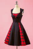 Preto Patchwork Plaid V Neck balanço vestido de festa