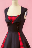 Preto Patchwork Plaid V Neck balanço vestido de festa