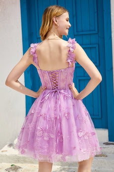 Purple A Line Corset Homecoming Dress com borboletas 3D