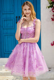 Purple A Line Corset Homecoming Dress com borboletas 3D