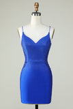 Bainha Esparguete Correias Royal Blue Short Homecoming Dress com Missangas
