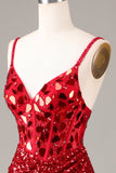 Espelho Glitter Sequins Red Corset Prom Dress com Fenda