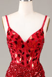 Espelho Glitter Sequins Red Corset Prom Dress com Fenda