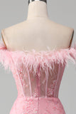 Sereia fora do ombro brilhantes penas rosa espartilho vestido de baile com fenda