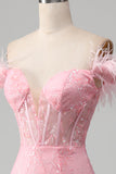Sereia fora do ombro brilhantes penas rosa espartilho vestido de baile com fenda