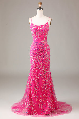 Hot Pink Sequins & Vestido de baile de sereia frisado com backless