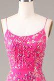 Hot Pink Sequins & Vestido de baile de sereia frisado com backless