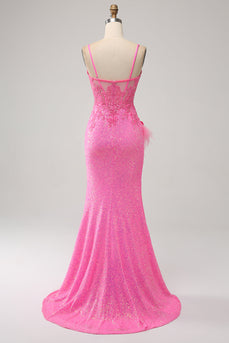 Sereia Trendy Esparguete Correias Rosa Sequins Long Prom Dress com Apliques