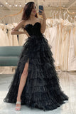 Trendy A Line Sweetheart Black Corset Prom Dress com Folhos