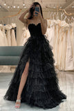 Trendy A Line Sweetheart Black Corset Prom Dress com Folhos