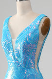 Sereia azul brilhante V-neck longo vestido de baile com fenda