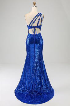 Um ombro real azul sereia baile vestido com fenda