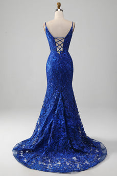 Brilhante Royal Blue Sereia Espaghetti Straps Long Prom Dress Com Apliques