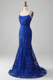 Brilhante Royal Blue Sereia Espaghetti Straps Long Prom Dress Com Apliques