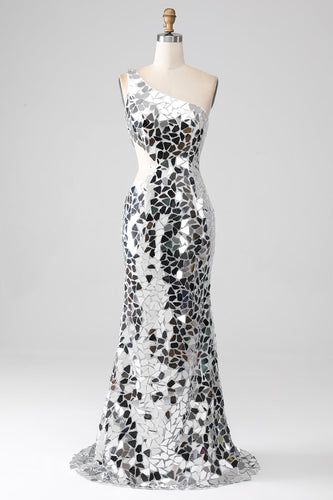 Silver Mirror Sequins Um Ombro Prom Dress com Hollow-out