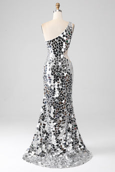 Silver Mirror Sequins Um Ombro Prom Dress com Hollow-out