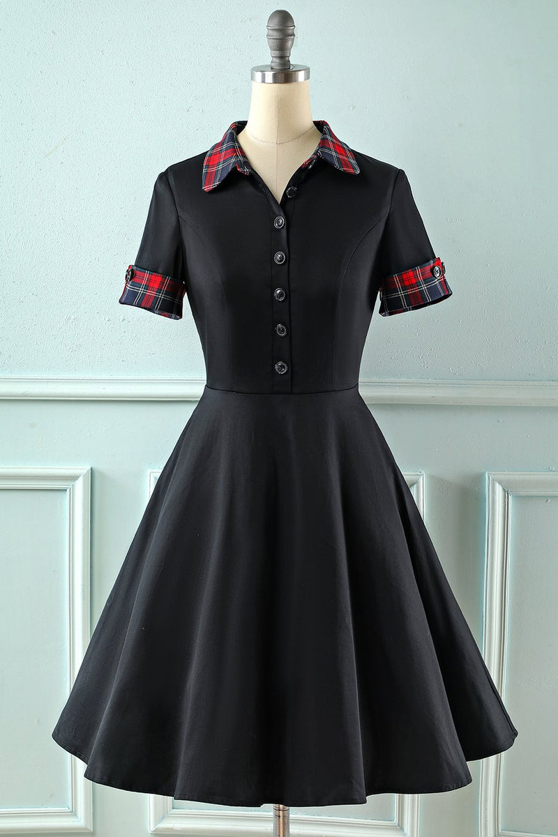 Carregar imagem no visualizador da galeria, Vestido preto de lapel neck plaid vintage 1950