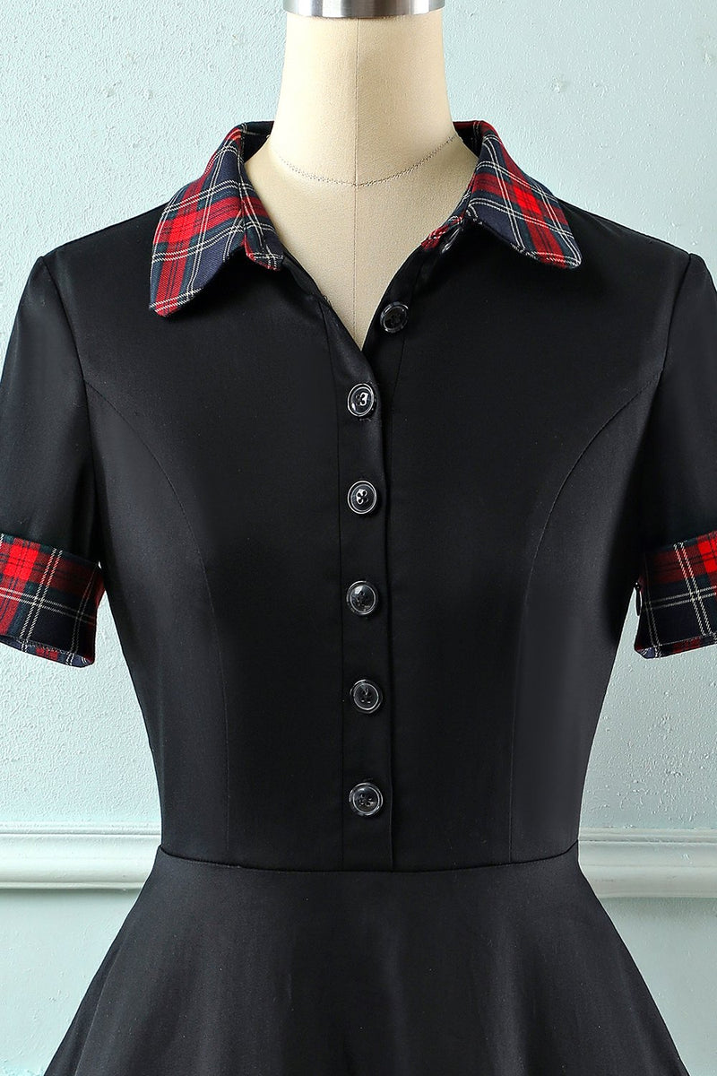 Carregar imagem no visualizador da galeria, Vestido preto de lapel neck plaid vintage 1950