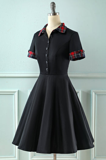 Vestido preto de lapel neck plaid vintage 1950