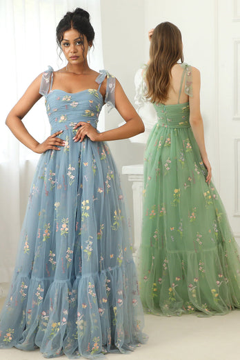 Vestido de baile azul azul cinza com bordado