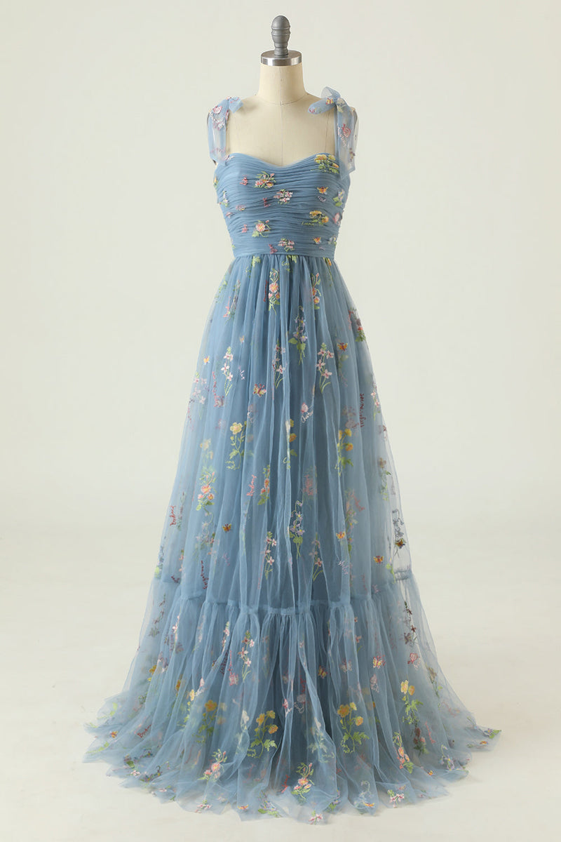 Carregar imagem no visualizador da galeria, Vestido de baile azul azul cinza com bordado