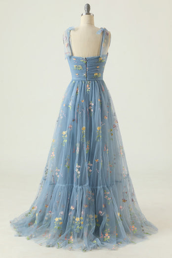 Vestido de baile azul azul cinza com bordado