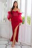 Carregar imagem no visualizador da galeria, Sheath Off the Shoulder Burgundy Party Dress com Missangas