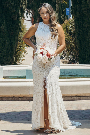 Marfim Open Back Boho Lace Vestido de noiva