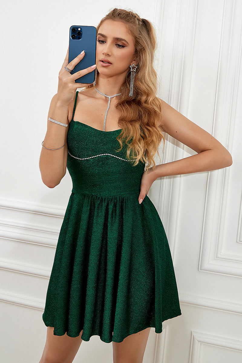 Carregar imagem no visualizador da galeria, Spaghetti verde escuro tiras um vestido de Cocktail de linha