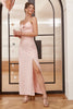 Carregar imagem no visualizador da galeria, Tiras de espaguete rosa cortam vestido de convidado de casamento com arco
