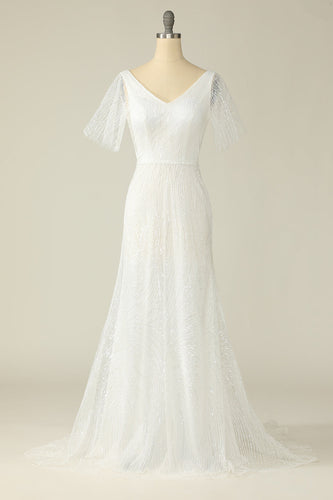 Vestido de noiva de renda de pescoço v branco