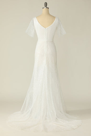 Vestido de noiva de renda de pescoço v branco