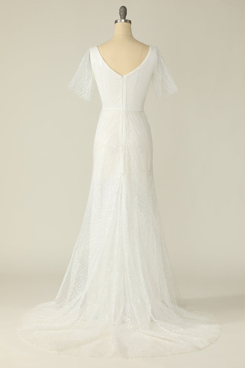 Carregar imagem no visualizador da galeria, Vestido de noiva de renda de pescoço v branco