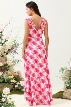 Rosa Flor Estampado Vestido de Dama de Honor com Folhos