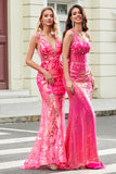 Sereia Brilhante Deep V Neck Fuchsia Sequins Long Prom Dress com Apliques